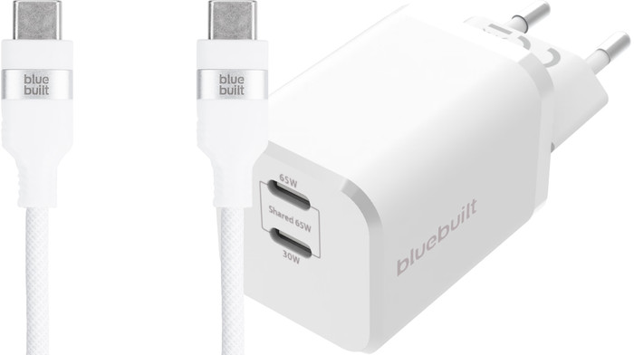BlueBuilt Power Delivery Oplader met 2 Usb C Poorten 65W + Usb C Kabel 1,5m Nylon Wit Main Image