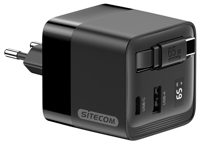 Sitecom 65W GaN Oplader met Uittrekbare Kabel voorkant