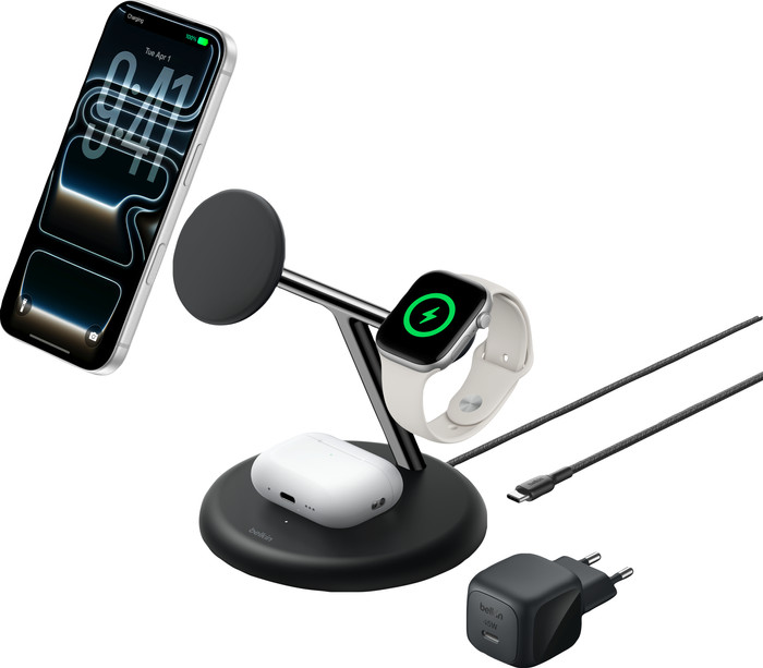 Belkin 3-in-1 Draadloze Oplader met MagSafe 25 Watt Zwart voorkant