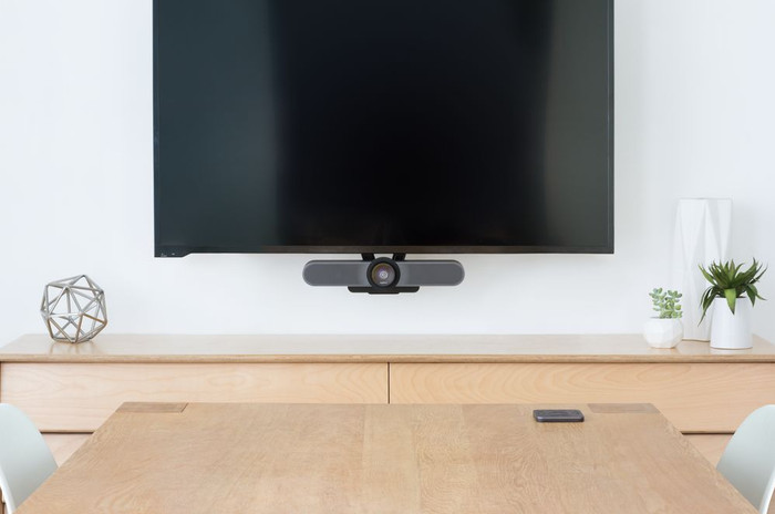 Logitech TV mount for MeetUp product in use