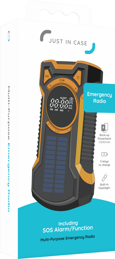 Just in Case Noodradio met Zonnepaneel en Powerbank 5.000 mAh Oranje verpakking