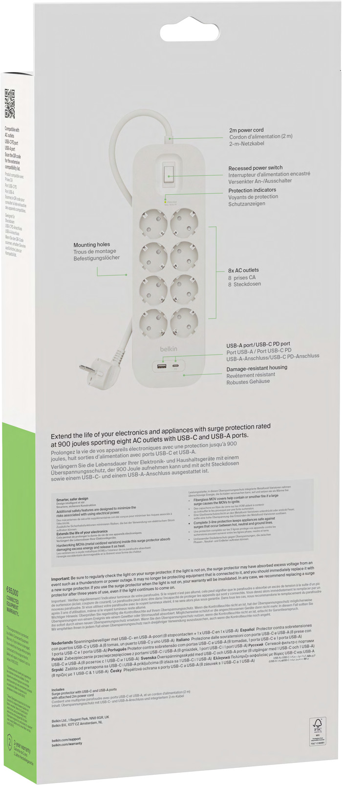 Belkin Stekkerdoos 8-voudig 2 meter met usb A/C 18W Wit verpakking