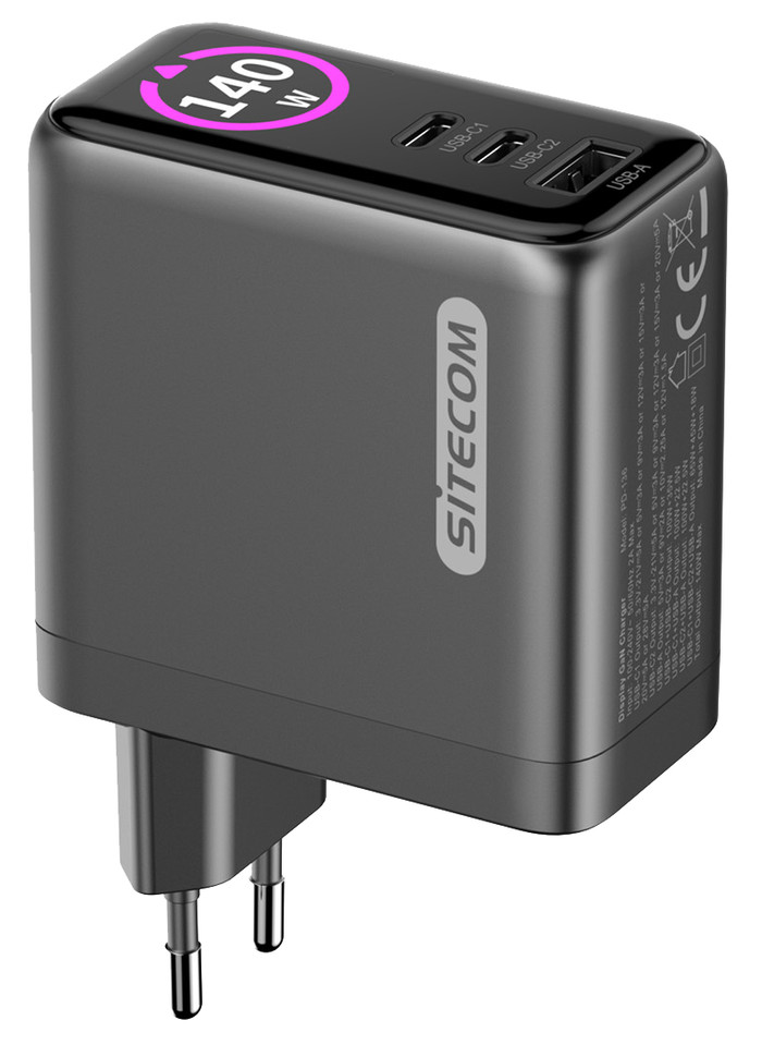 Sitecom 140W GaN Oplader met led scherm voorkant
