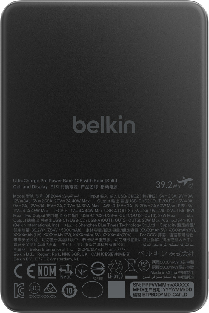 Belkin Powerbank 10.000 mAh met Snelladen 45 Watt Zwart onderkant