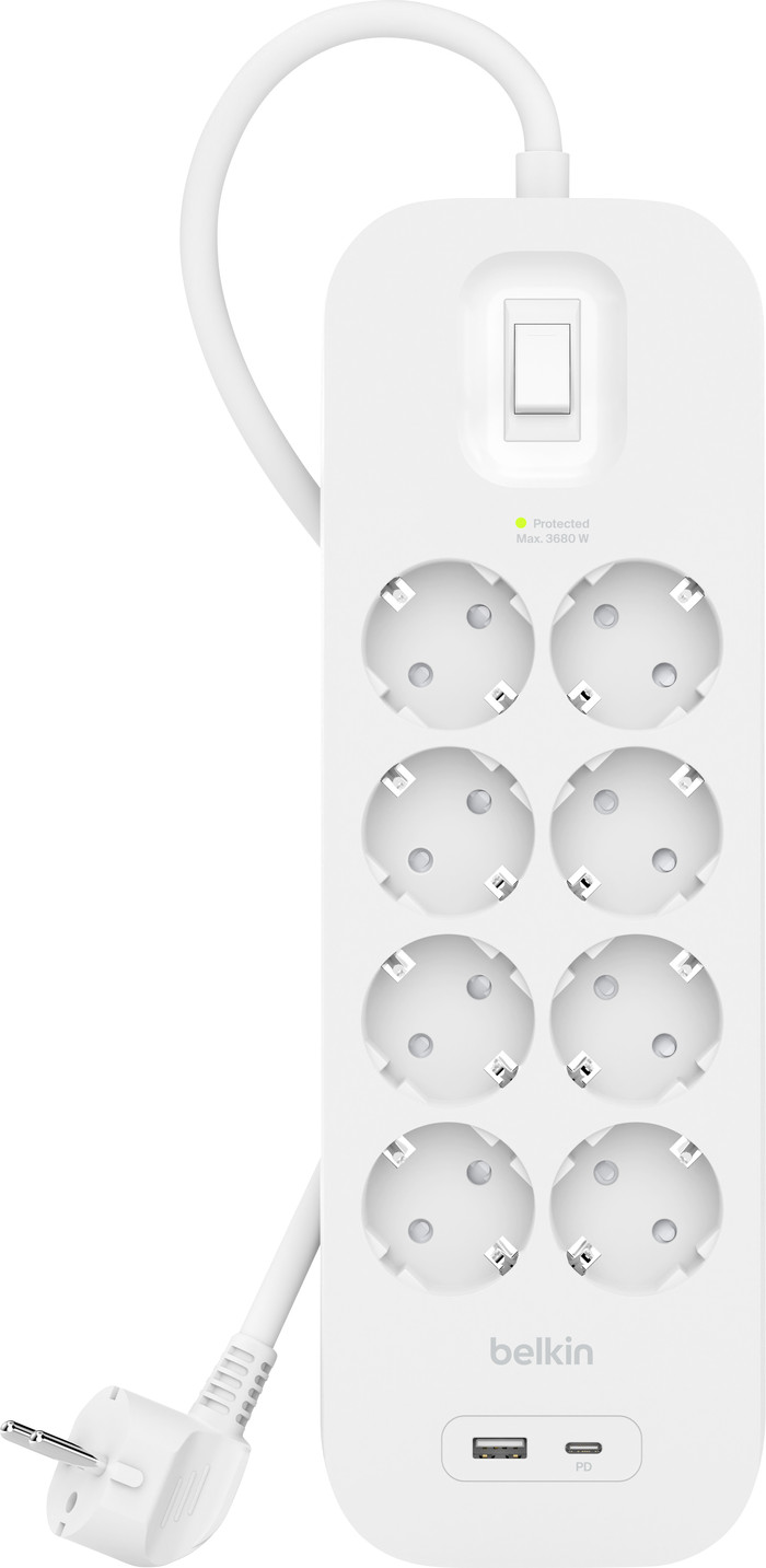 Belkin Stekkerdoos 8-voudig 2 meter met usb A/C 18W Wit voorkant