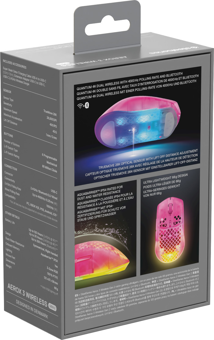 SteelSeries Aerox 3 Draadloze Gaming Muis Magenta verpakking
