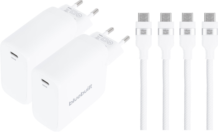 BlueBuilt 100W GaN USB-C Charger White + USB-C cable 240W 2m Nylon White Duo Pack Main Image