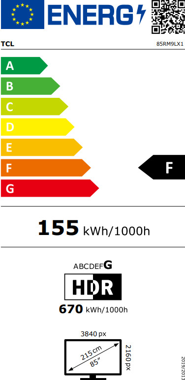 TCL RGB Mini-led 85" RM9L (2026) energielabel