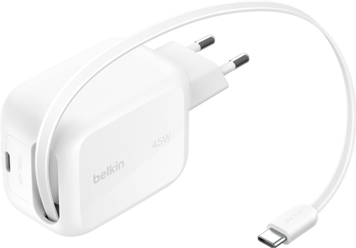 Belkin BoostCharge Pro Oplader 45W Usb C Wit + Usb C Intrekbare Kabel 0,8m Kunststof Wit Main Image