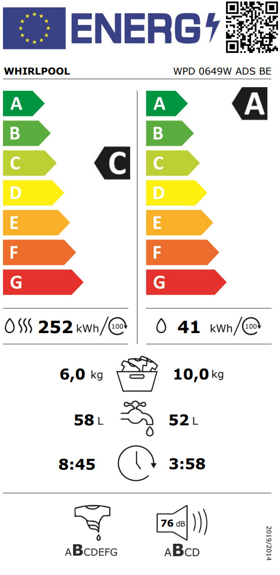 Whirlpool WPD 0649W ADS BE Autodose - 10/6 kg energielabel