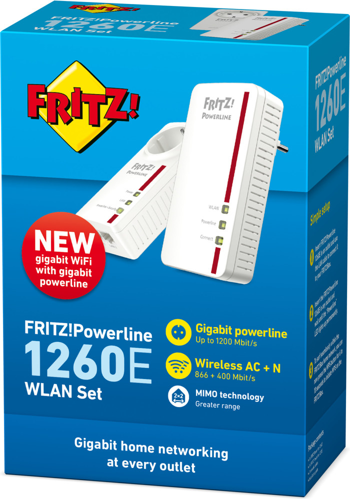 AVM FRITZ!Powerline 1260E WLAN Set International WiFi 1,200Mbps 2 adapters packaging