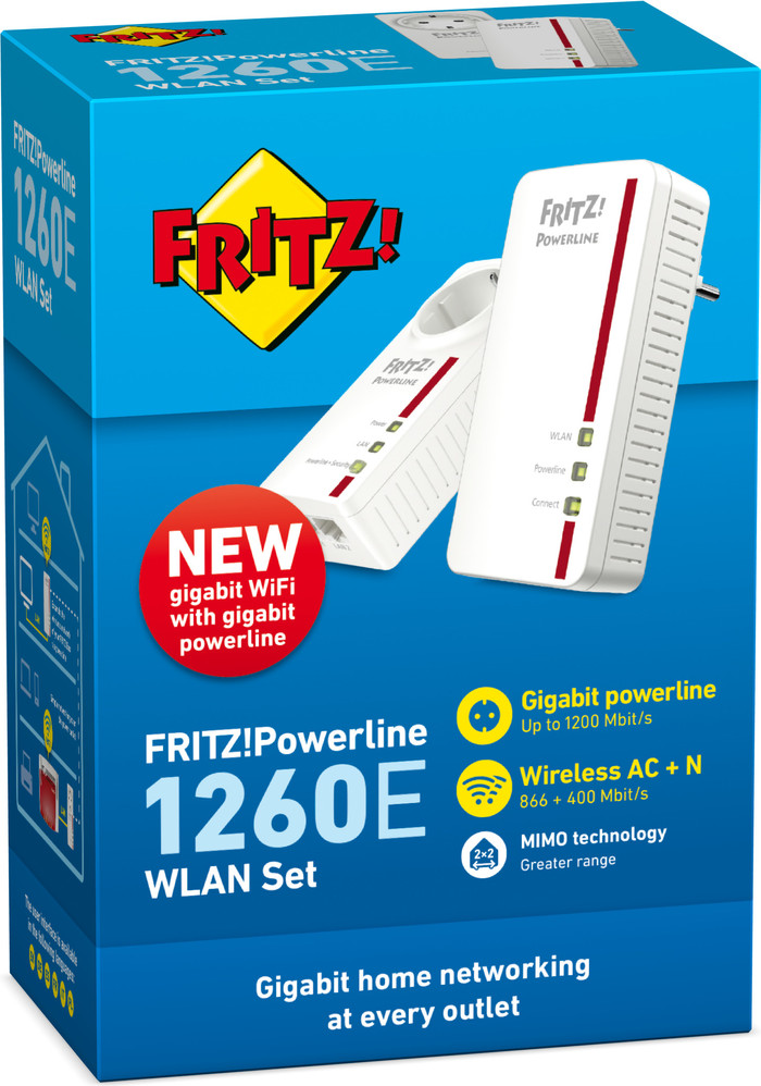 AVM FRITZ!Powerline 1260E WLAN Set International WiFi 1,200Mbps 2 adapters packaging