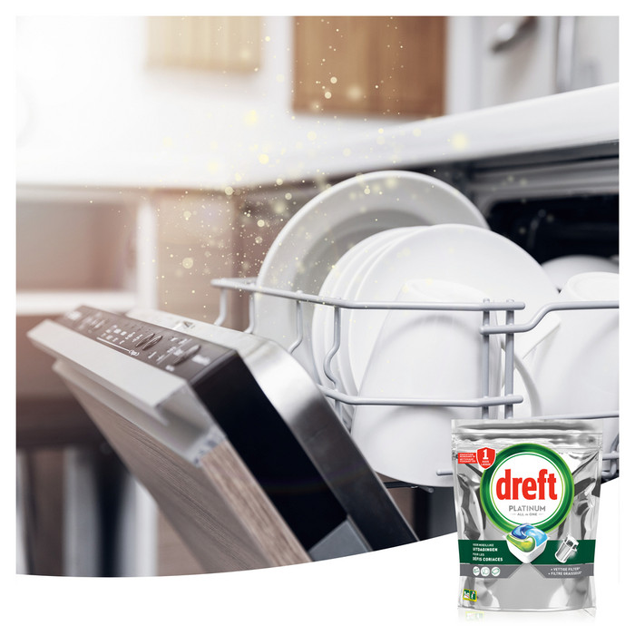 Dreft Vaatwastabletten Platinum All In One Original - 96 stuks product in gebruik