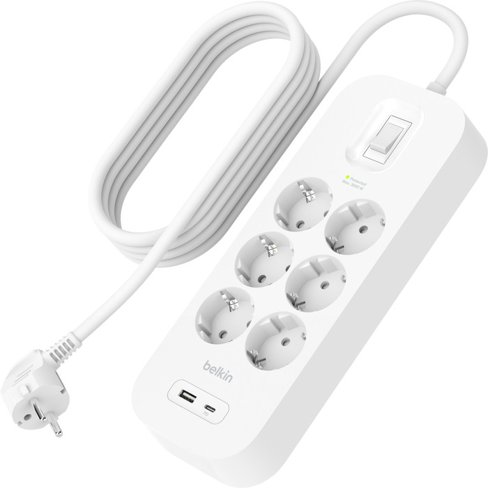 Belkin Stekkerdoos 6-voudig 2 meter met usb A/C 18W Wit rechterkant