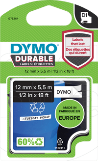 DYMO Duurzame D1 Tape 12 mm x 5,5 m Zwart Wit Label