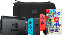 Nintendo Switch Rood/Blauw + Super Mario Bros. Wonder + BlueBuilt Beschermhoes