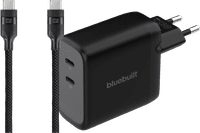 BlueBuilt 100W GaN Oplader met 2 Usb C Poorten Zwart + BlueBuilt Usb C Kabel 240W 2m Nylon