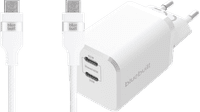 BlueBuilt Power Delivery Oplader met 2 Usb C Poorten 65W + Usb C Kabel 1,5m Nylon Wit
