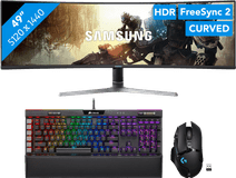 Samsung LC49RG90SSUXEN + Corsair RGB toetsenbord QWERTY + Logitech wireless gaming muis Monitor aanbevolen voor dual of triple set-ups