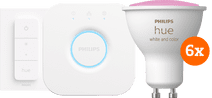 Coolblue Philips Hue White and Color Starter Pack GU10 met 6 lampen. dimmer + bridge aanbieding