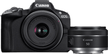 Canon EOS R50 + RF-S 18-45mm f/4.5-6.3 IS STM + RF 50mm f/1.8 STM Systeemcamera voor op vakantie