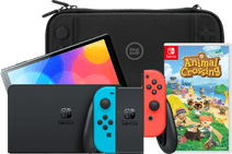Coolblue Nintendo Switch OLED Blauw/Rood + Animal Crossing New Horizons + Bluebuilt Beschermhoes aanbieding