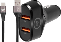 BlueBuilt Quick Charge Autolader 18W Zwart + Usb C Kabel 1,5m Nylon Zwart iPhone autolader