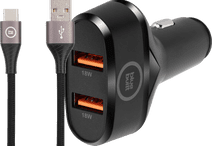 BlueBuilt Quick Charge Autolader 18W Zwart + Usb C Kabel 1,5m Nylon Zwart Autolader met snelladen