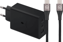 Samsung Oplader met 3 Usb Poorten 65W Zwart + Usb C Kabel Nylon Zwart 1,5m Samsung Galaxy S21 snellader