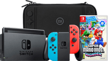 Coolblue Nintendo Switch Rood/Blauw + Super Mario Bros. Wonder + BlueBuilt Beschermhoes aanbieding