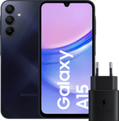 Samsung Galaxy A15 128GB Donkerblauw 4G + Samsung Oplader 25 Watt Zwart Goedkope smartphone