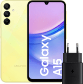 Samsung Galaxy A15 128GB Geel 4G + Samsung Oplader 25 Watt Zwart Samsung telefoon uit 2024