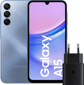 Samsung Galaxy A15 128GB Blauw 5G + Samsung Oplader 25 Watt Zwart Samsung telefoon uit 2024