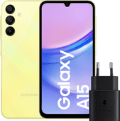 Samsung Galaxy A15 128GB Geel 5G + Samsung Oplader 25 Watt Zwart Samsung telefoon uit 2024