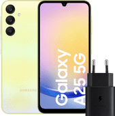 Samsung Galaxy A25 128GB Geel 5G + Samsung Oplader 25 Watt Zwart Goedkope Samsung smartphone