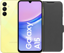 Samsung Galaxy A15 128GB Yellow 5G + BlueBuilt Book Case Black medium-sized smartphone