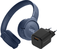 JBL Tune 520BT Blue + BlueBuilt Quick Charge Charger with USB-A Port 18W Black on-ear headphones