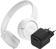 JBL Tune 520BT White + BlueBuilt Quick Charge Charger with USB-A Port 18W Black on-ear headphones