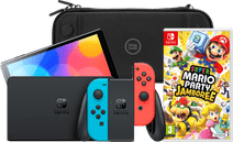 Nintendo Switch OLED Blauw/Rood + Mario Party Jamboree + BlueBuilt Beschermhoes Nintendo Switch OLED