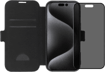 BlueBuilt Apple iPhone 16 Pro Book Case Leer Zwart + Privacy Filter Screenprotector Glas BlueBuilt telefoonhoesje