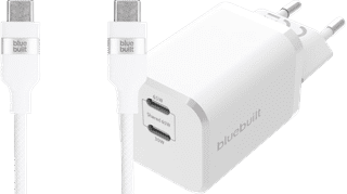BlueBuilt Power Delivery Oplader met 2 Usb C Poorten 65W + Usb C Kabel 3m Nylon Wit
