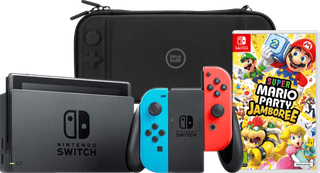 Nintendo Switch Rood/Blauw + Mario Party Jamboree + BlueBuilt Beschermhoes