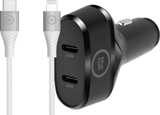 BlueBuilt Power Delivery Autolader 45W Zwart + Lightning Kabel 1,5 Nylon Wit