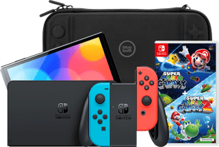 Nintendo Switch OLED Blauw/Rood + Super Mario Galaxy 1+2 + BlueBuilt Beschermhoes