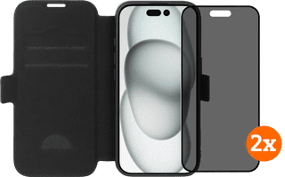 BlueBuilt Apple iPhone 16 Book Case Leer Zwart + Privacy Screenprotector Glas Duo Pack