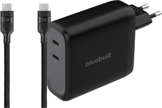 BlueBuilt 140W GaN Oplader met 2 Usb C Poorten Zwart + BlueBuilt Usb C Kabel 240W 2m Nylon