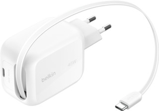 Belkin BoostCharge Pro Oplader 45W Usb C Wit + Usb C Intrekbare Kabel 0,8m Kunststof Wit
